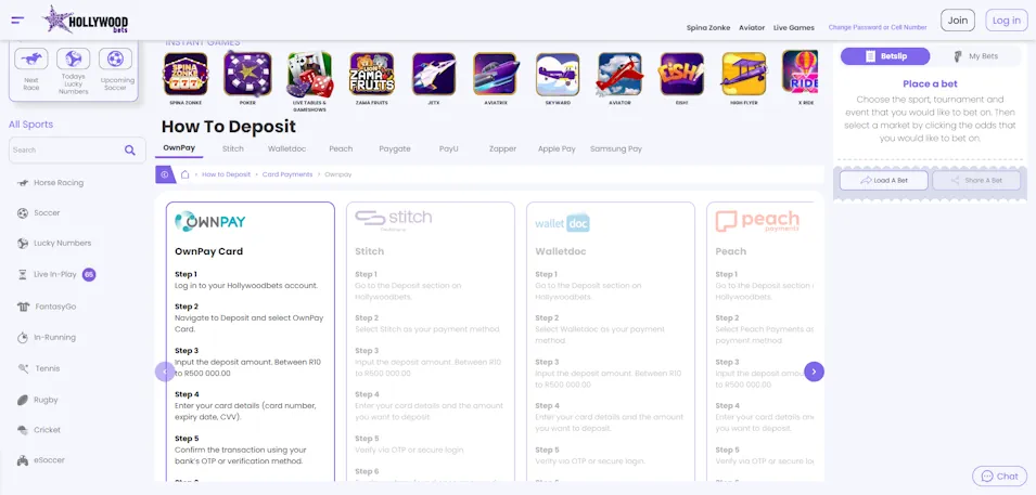 Hollywoodbets Deposit Method Card Payment Screenshot
